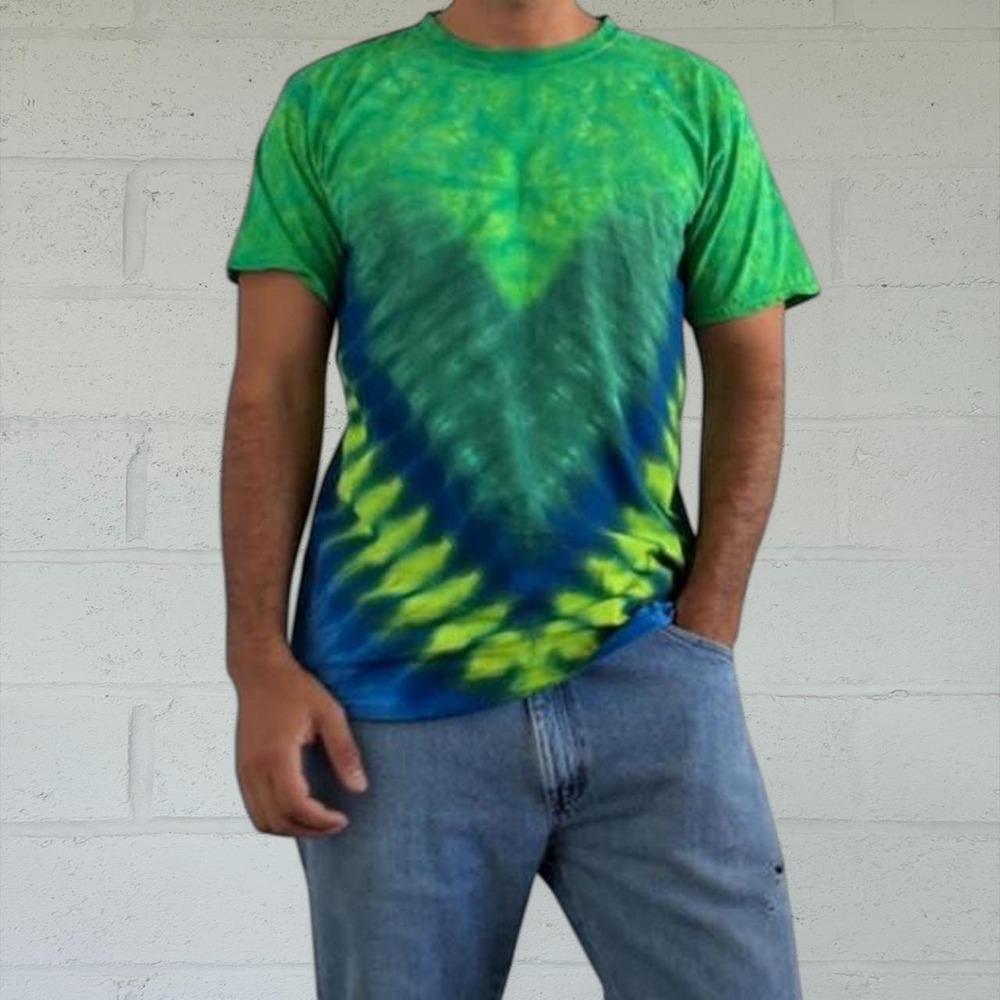 Mens Green Blue Tie Dye Cotton T-Shirt Short Sleeve Crew Neck Colorful Tee